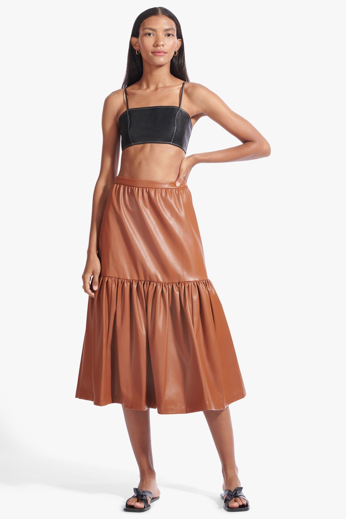 Image ORCHID SKIRT | WHISKEY VEGAN LEATHER 1 of 6 and Clicking this image will trigger a zoom pop-up