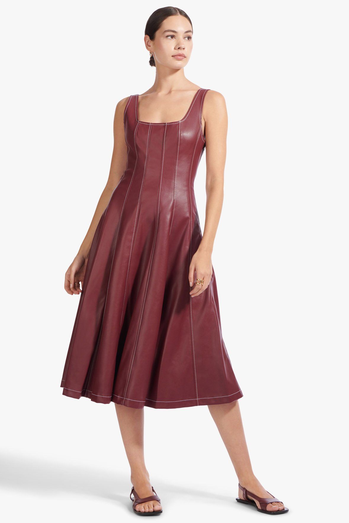 Image WELLS DRESS | BORDEAUX VEGAN LEATHER 1 of 8 and Clicking this image will trigger a zoom pop-up