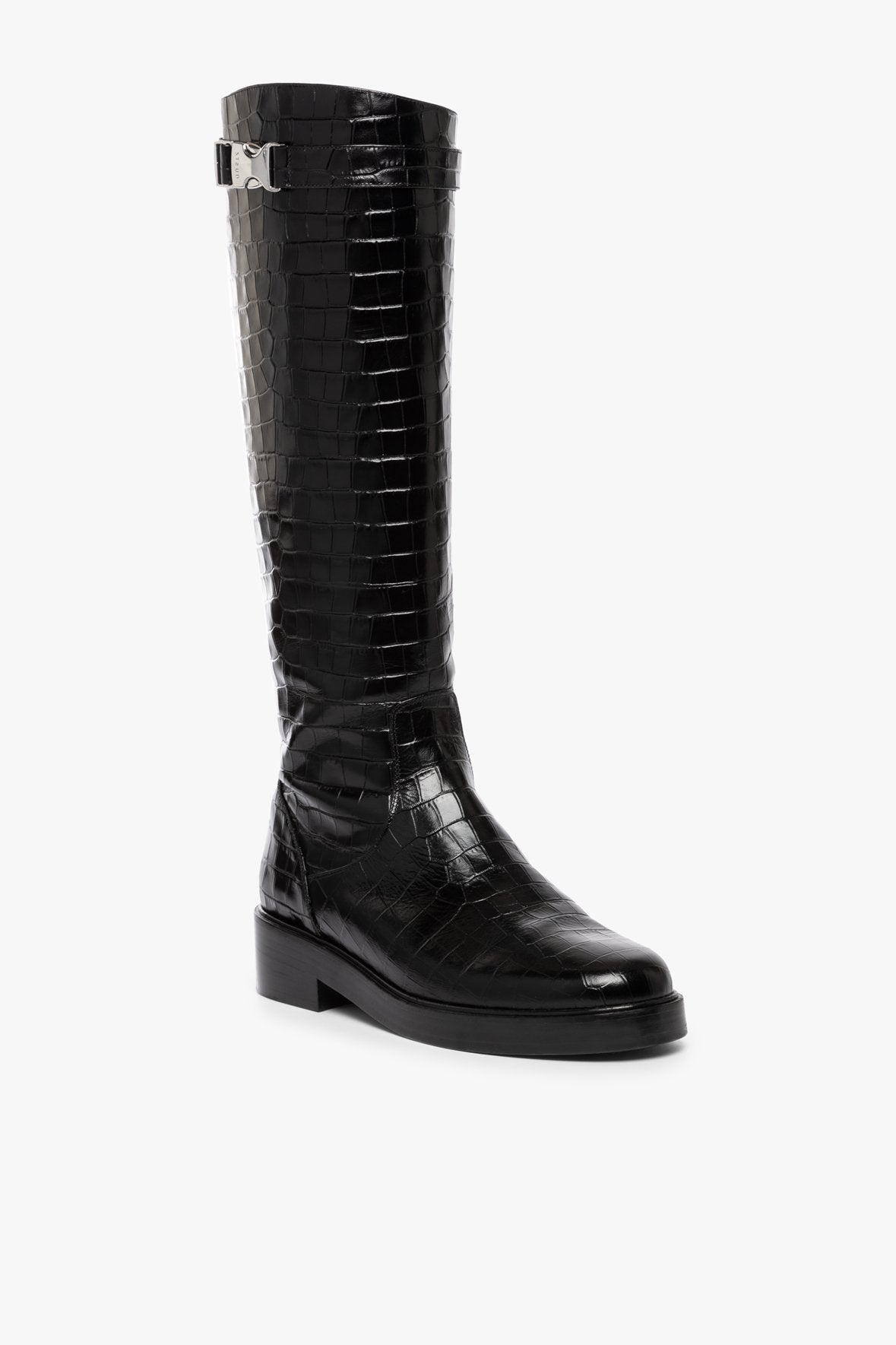 Image CLAUD BUCKLE RIDING BOOT | BLACK CROC EMBOSSED 1 of 7 and Clicking this image will trigger a zoom pop-up