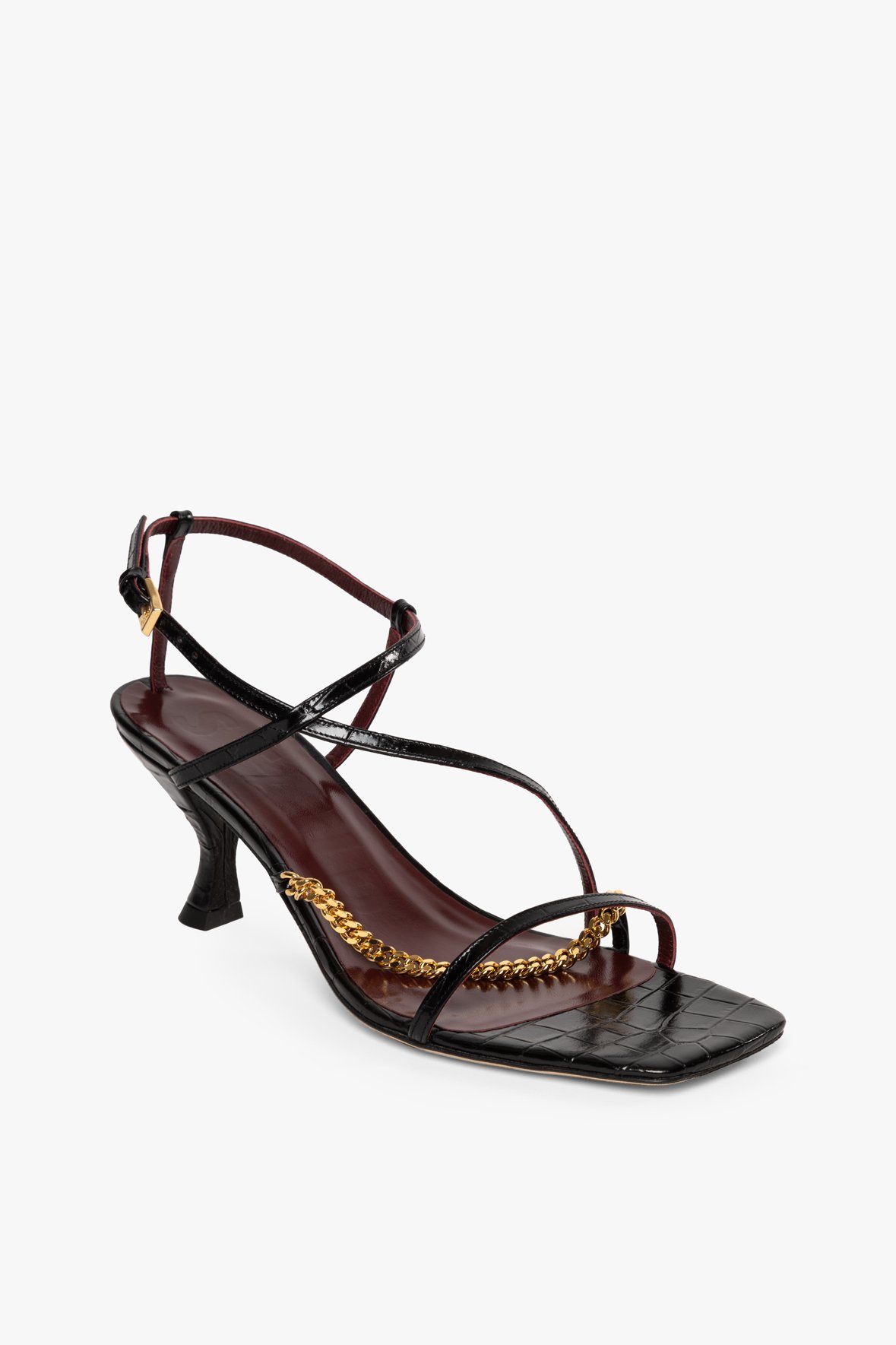 Image GITA CHAIN SANDAL | BLACK CROC EMBOSSED GOLD CHAIN 1 of 7 and Clicking this image will trigger a zoom pop-up