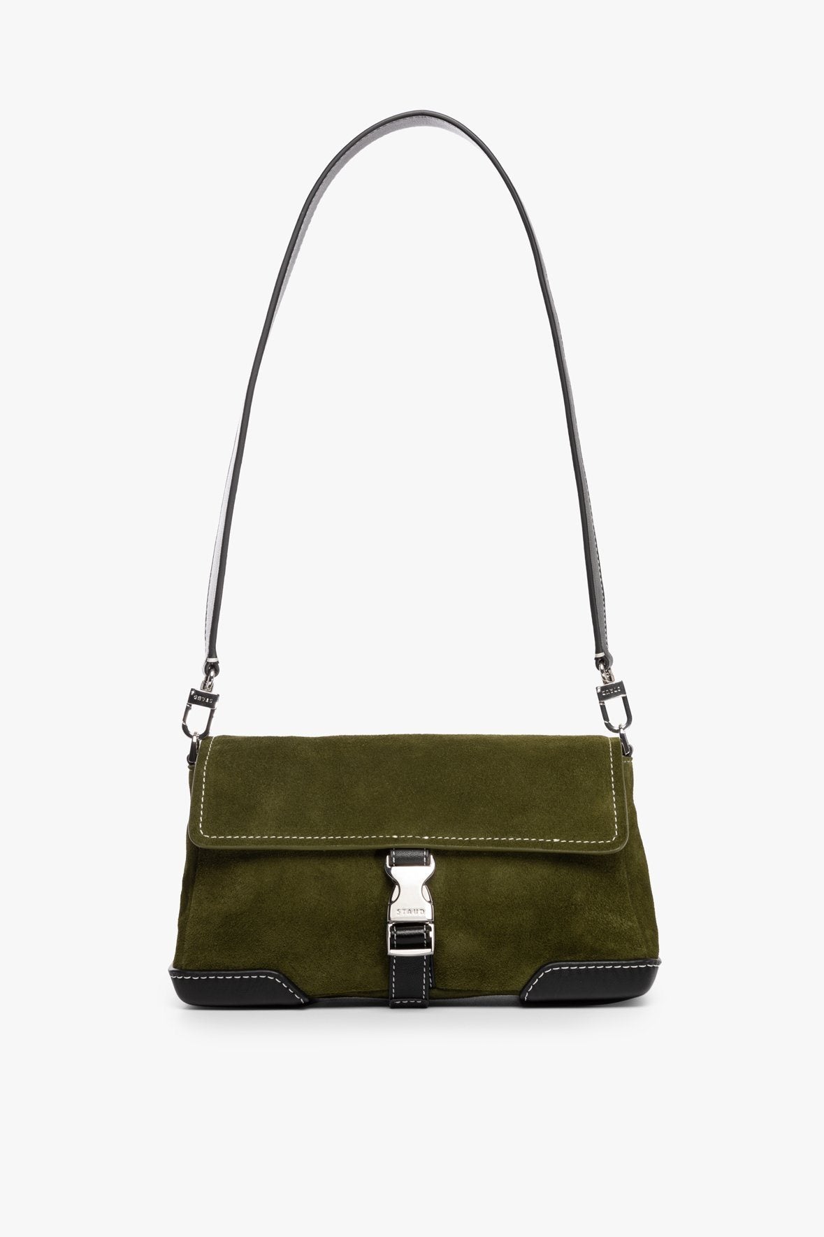 Image IZZY CONVERTIBLE SHOULDER BAG | OLIVE SUEDE 1 of 11 and Clicking this image will trigger a zoom pop-up