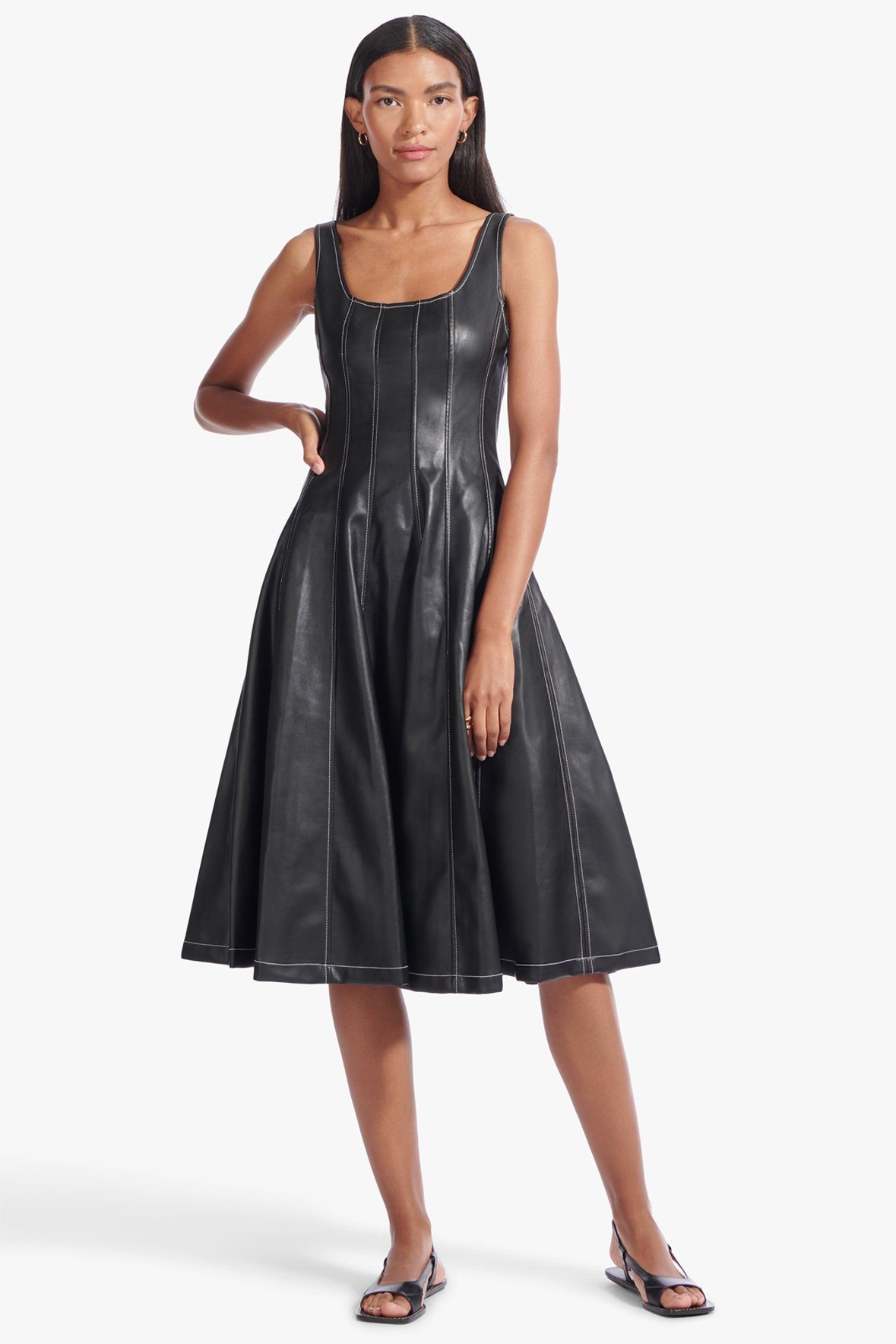 Image WELLS DRESS | BLACK VEGAN LEATHER 1 of 8 and Clicking this image will trigger a zoom pop-up